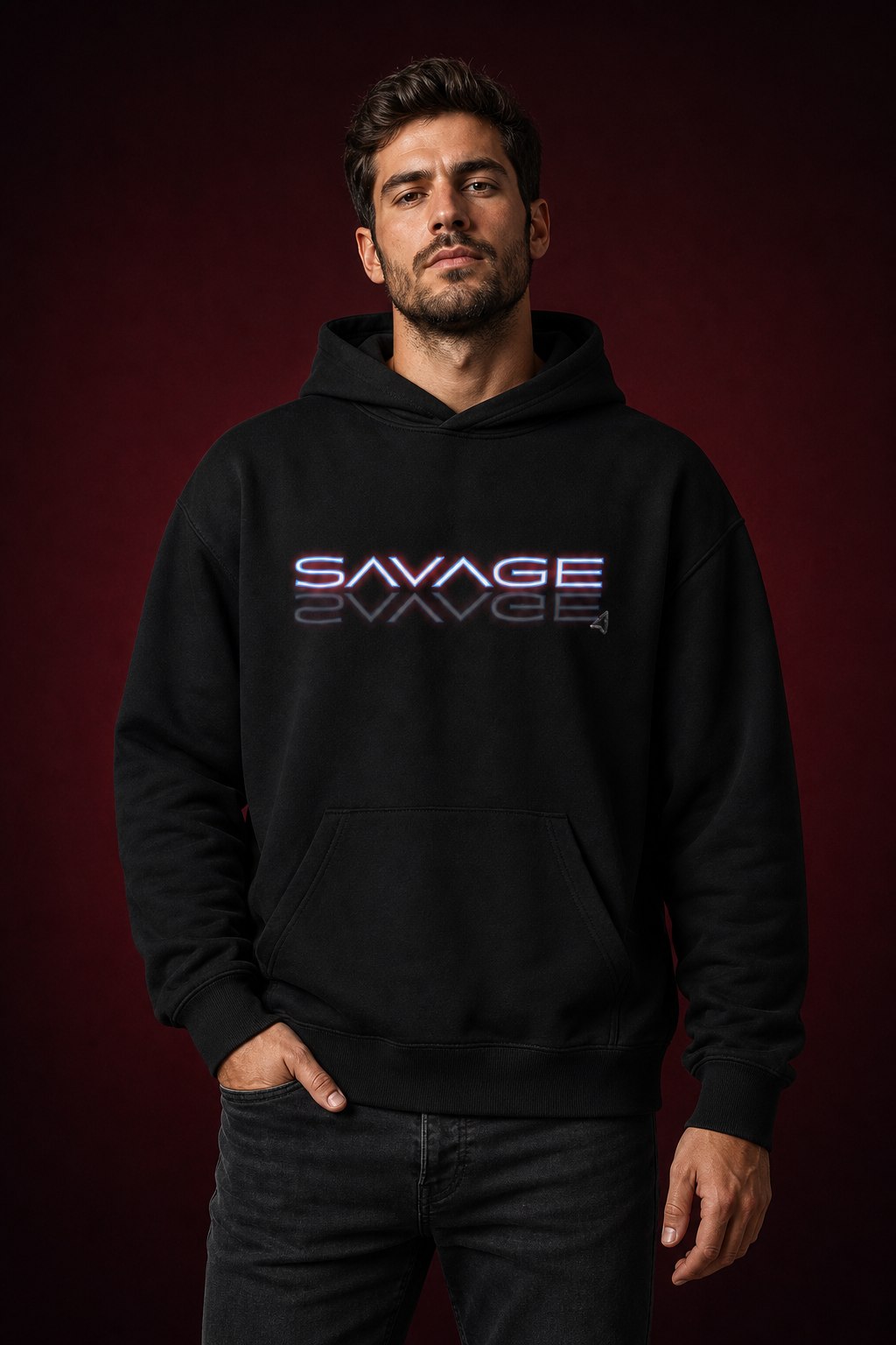 Male model wearing the black SAVAGE logo hoodie